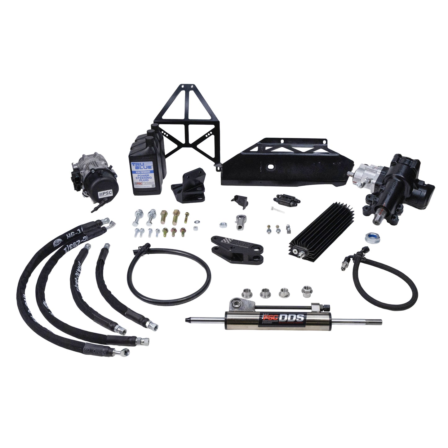 Collection of automotive parts including hoses, brackets, and a cylinder on a white background