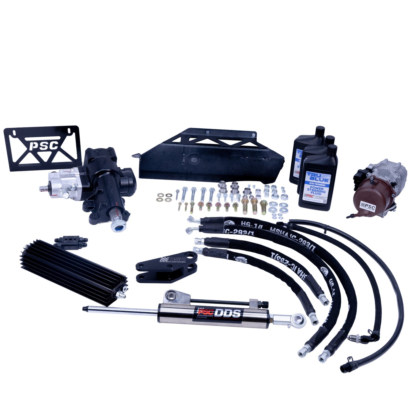 A PSC brand automotive suspension and steering kit laid out on a white background, including a black shock absorber, black hoses, mounting hardware, brackets, and a small motor.