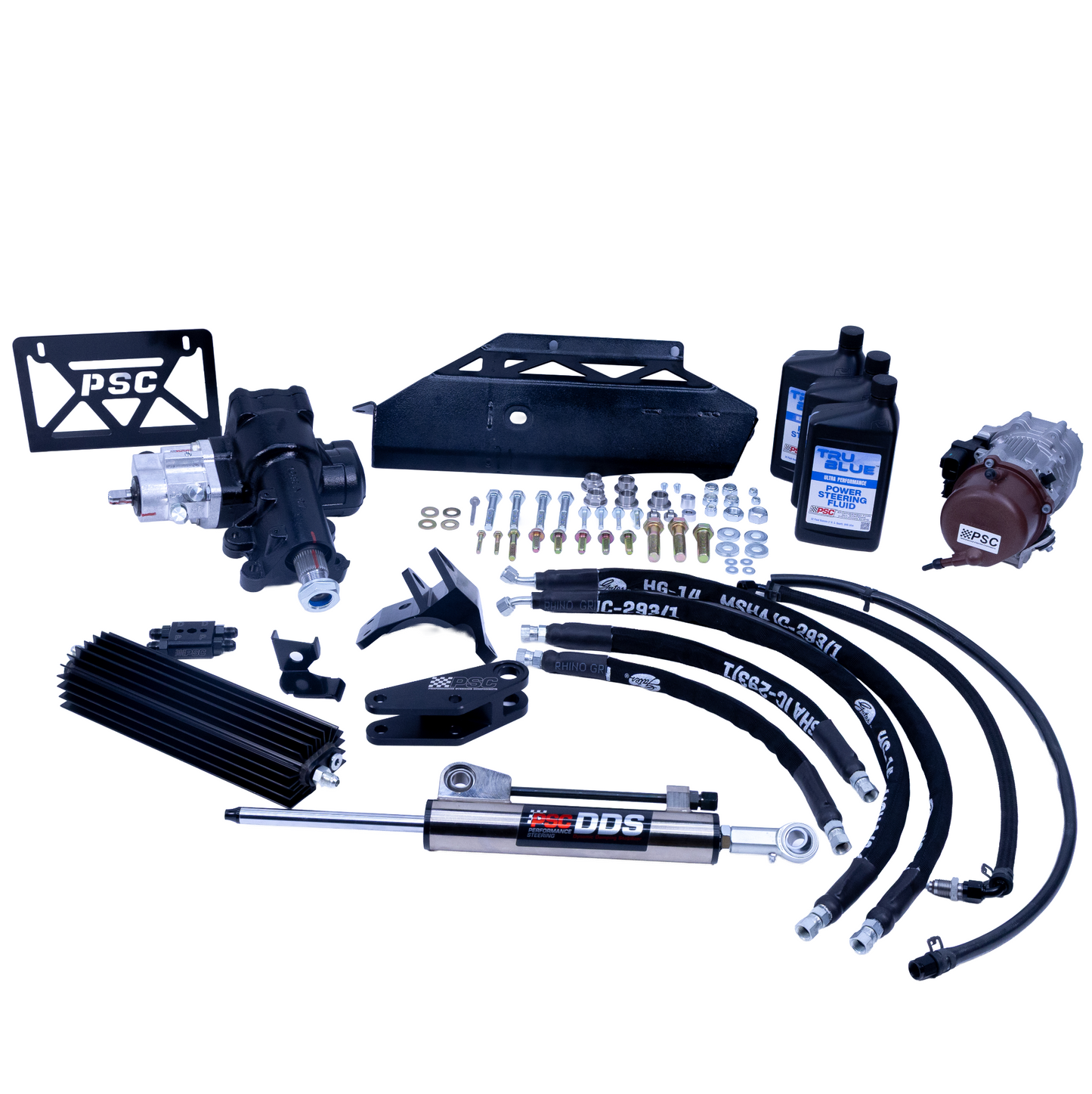 A complete PSC and DDS hydraulic power steering and brake fluid kit with various components including hoses, a shock absorber, fluid bottles, brackets, and hardware, arranged on a solid white background.