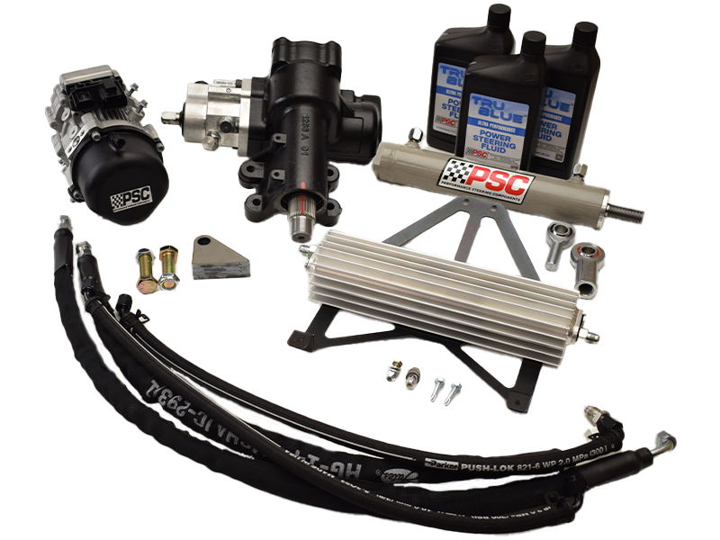 Steering Kit with steering gear, PSC black and silver pump, cooler with mount and fittings, clevis joints, three black bottles of PSC8061 Tru Blue®, steering cylinder, mounts, hardware and fittings with a white background. 