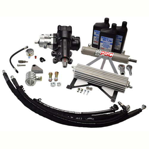 Automotive parts including a black steering gear, cylinder assist cylinder, hoses, tie rod clamp and metal components on a white background.