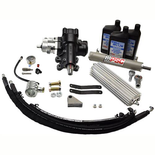 Collection of automotive parts including a black hose, metal brackets, and PSC branded components on a white background.