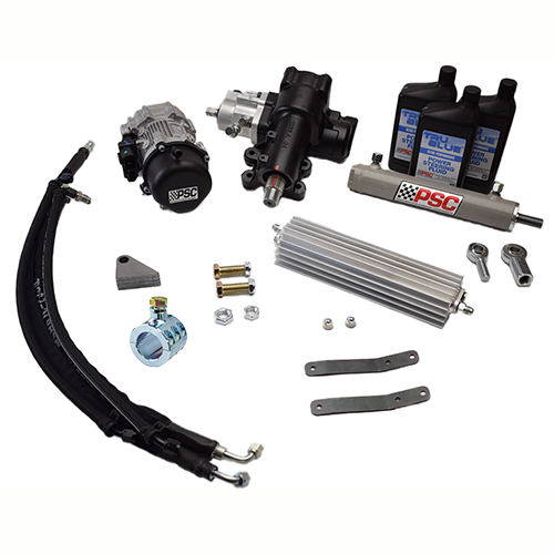 Collection of automotive parts including a black hose, metal brackets, tie rod clamp and PSC branded components on a white background.