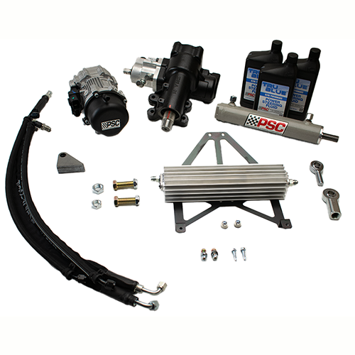 Collection of automotive parts including a black hose, metal bracket, and various components on a white background.