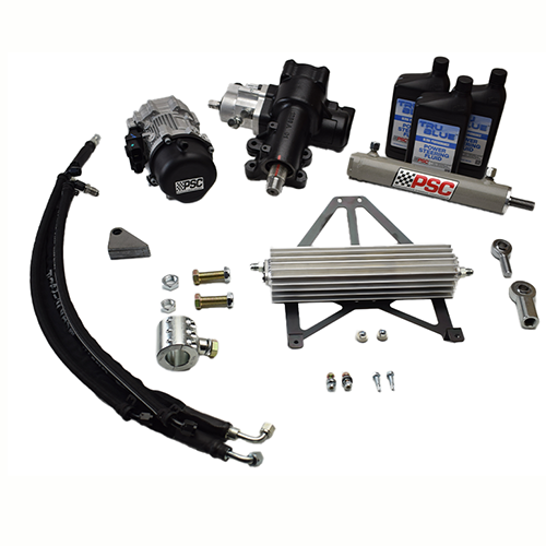 PSC steering kit on a white background with components like hoses, pump, gear, cylinder, three Tru Blue power steering fluid, cooler with mount, clamp, clevis joints and fittings. 