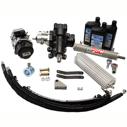 PSC steering gear, steering cylinder, pump, PSC 8061 fluid, mounting brackets and hardware on a white background.