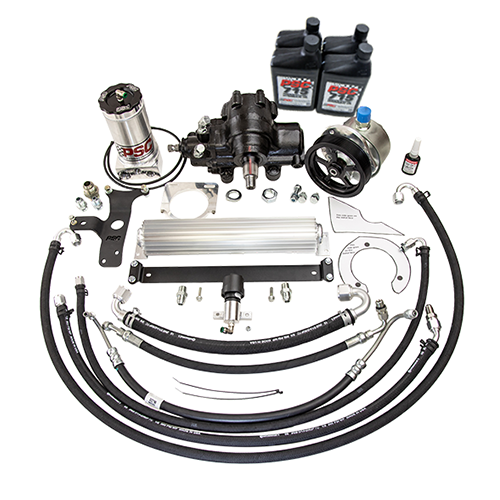 PSC steering kit with steering gear, hoses, fittings, cooler, mounts, reservoir, pump, pneumatic thread sealant and 4 bottles of PSC 715 hydraulic oil on a white background. 