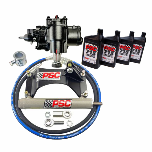 PSC steering gear, PSC 715 Power Steering Fluid, tie rod clamp with a steering cylinder, hoses and mounts on a white background.