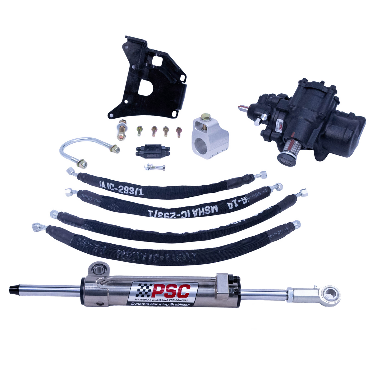 PSC hydraulic power steering power pump kit with a black power pump, black steering rack hoses, black upper control arm, silver steering knuckle, metal bracket, and other mounting hardware, arranged on a white background.