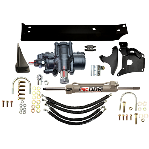Steering kit for Ford F450/F550 with Big Bore XD® Steering gear, DDS® double-ended steering cylinder, mounts, hoses, tire clamp, manifold and hardware on a white background. 