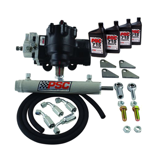PSC steering system components, including a steering gear, PSC 715 hydraulic oil, pump, hoses and fittings on a white background. The kit is for Dodge Ram. 