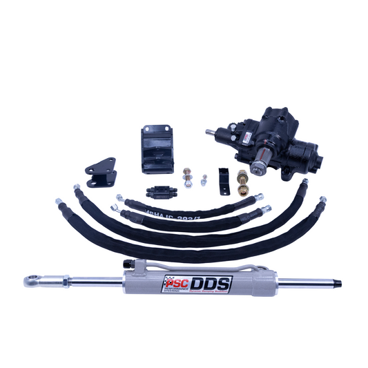 An automotive suspension kit including a gray and black ISC DDS hydraulic power steering cylinder, black hoses, mounting brackets, nuts, bolts, and a black power steering pump, arranged on a white background.