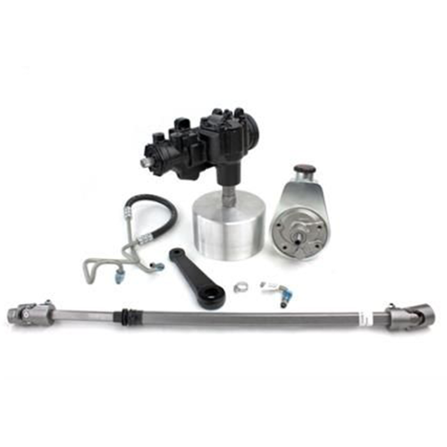 PSC steering components including a steering gear, pump, pitman arm and other parts on a white background. 