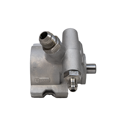 Steering pump with overhead angled view of the pump and clear view of the fittings on a white background. 