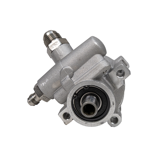 Pro Touring high-flow type II power steering pump angle 2 view of the back of the pump with both male fittings on a white background.