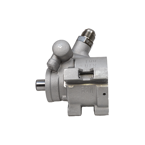 Pro Touring high-flow type II power steering pump angle 3 view of the top of the pump with both male fittings on a white background.