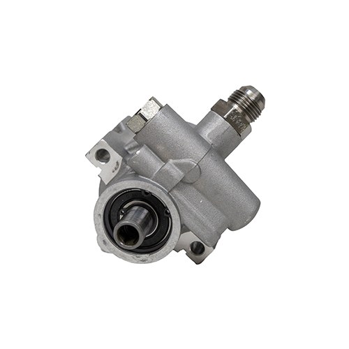 Pro Touring high-flow type II power steering pump angle 2 view of the back side of the pump on a white background.