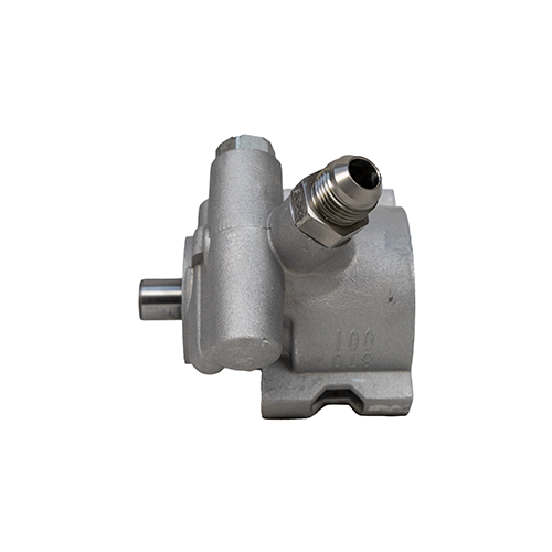 Pro Touring high-flow type II power steering pump angle 3 view of the side of the pump on a white background.