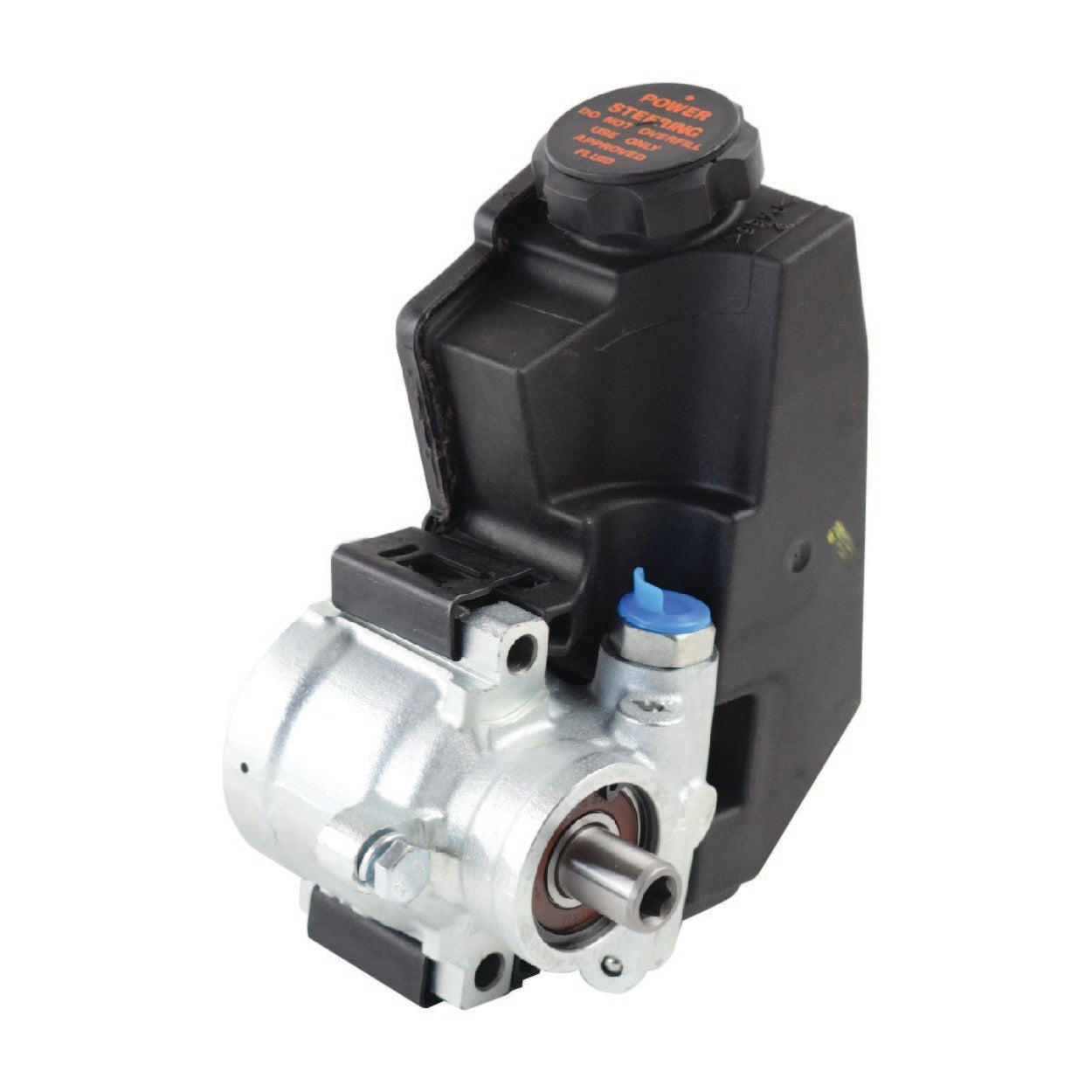 Mechanical component with black casing and visible branding on a white background