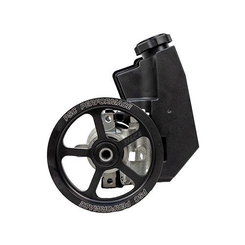 Front pulley view of the PSC SP1205CP power steering pump for Jeep Wrangler TJ, Cherokee XJ, and Grand Cherokee ZJ equipped with the 4.0L engine. Featuring a black pulley with engraving for "PSC Performance" and "PP2478" on the front face of the pulley on a white background. 