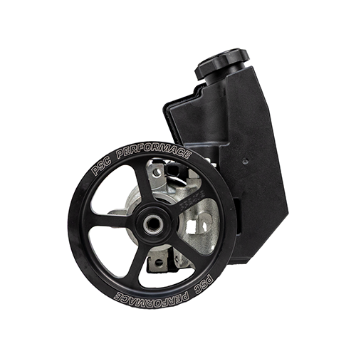 Front pulley view of the PSC SP1205CP power steering pump for Jeep Wrangler TJ, Cherokee XJ, and Grand Cherokee ZJ equipped with the 4.0L engine. Featuring a black pulley with engraving for "PSC Performance" and "PP2478" on the front face of the pulley on a white background. 