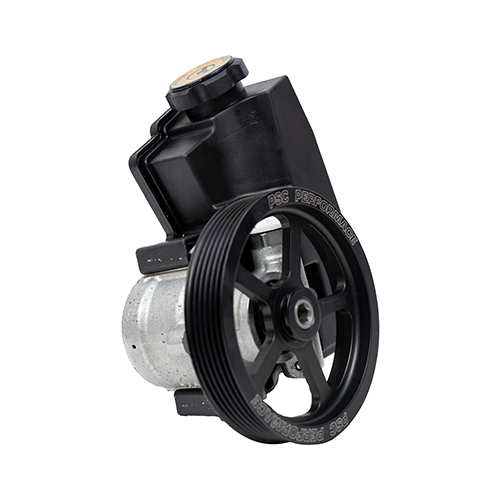 PSC SP1205CP power steering pump for Jeep 4.0L engines, shown with black reservoir and performance pulley for Wrangler TJ, Cherokee XJ, and Grand Cherokee ZJ applications. Featuring a black pulley with engraving for "PSC Performance" and "PP2478" on the front face of the pulley on a white background. 