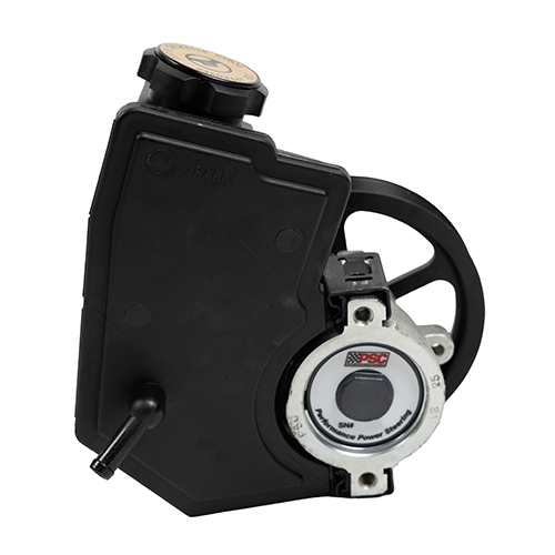 Rear view of the PSC SP1205CP power steering pump with integrated reservoir and labeled cap, designed for Jeep 4.0L platforms from 1997–2006.