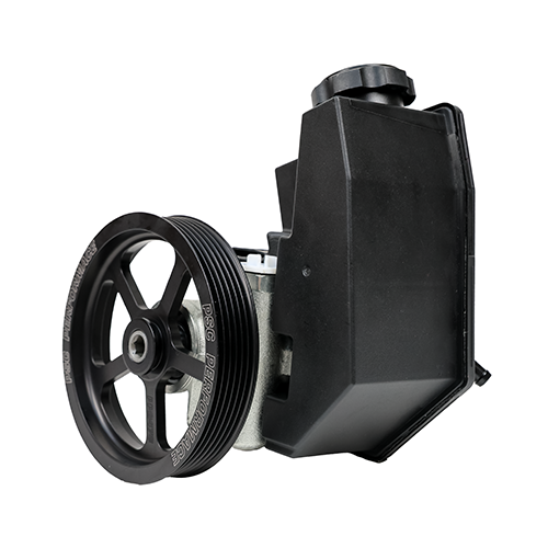 Side profile of the PSC SP1205CP power steering pump highlighting the reservoir housing and performance pulley for Jeep 4.0L vehicles. Featuring a black pulley with engraving for "PSC Performance" and "PP2478" on the front face of the pulley on a white background. 