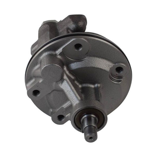 A dark gray cast metal automotive pump or motor component with a threaded shaft, shown on a plain white background.