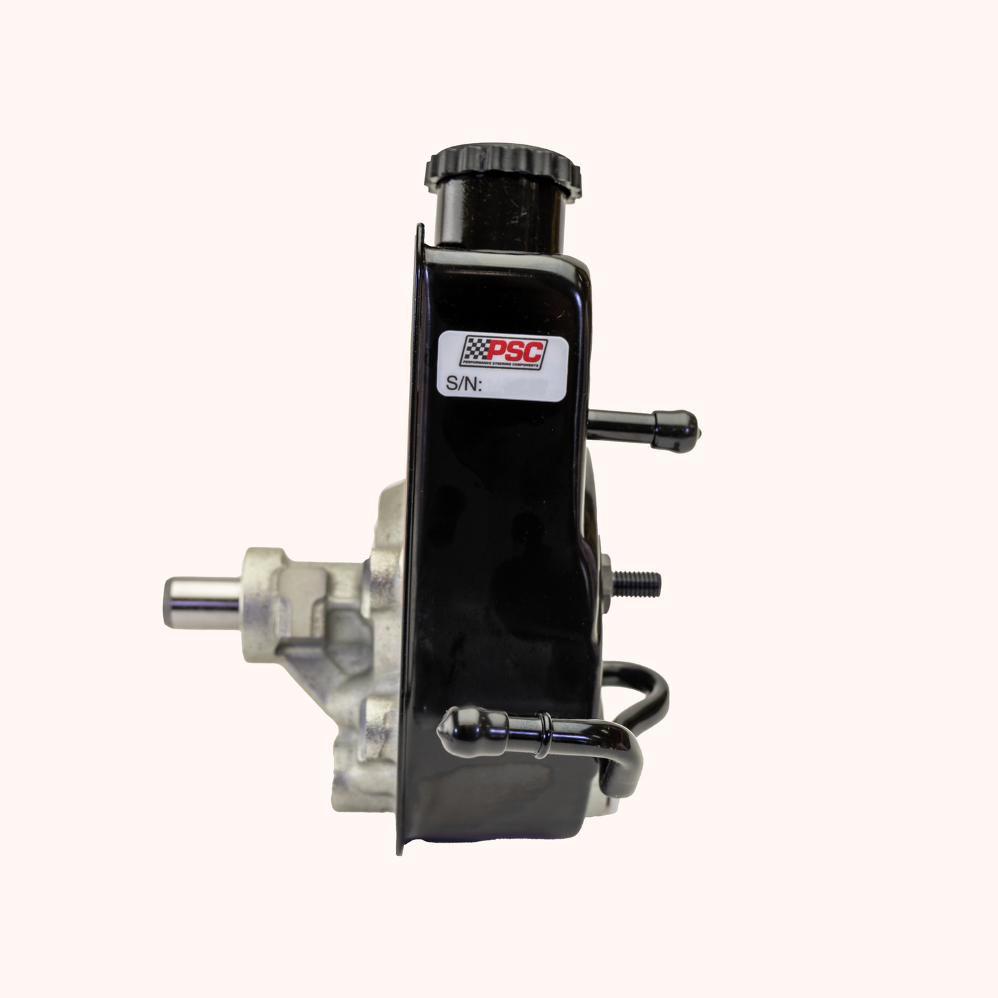 A black and silver automotive master cylinder with a black cap, featuring a white and red label that reads 'P20' and 'SNL'.