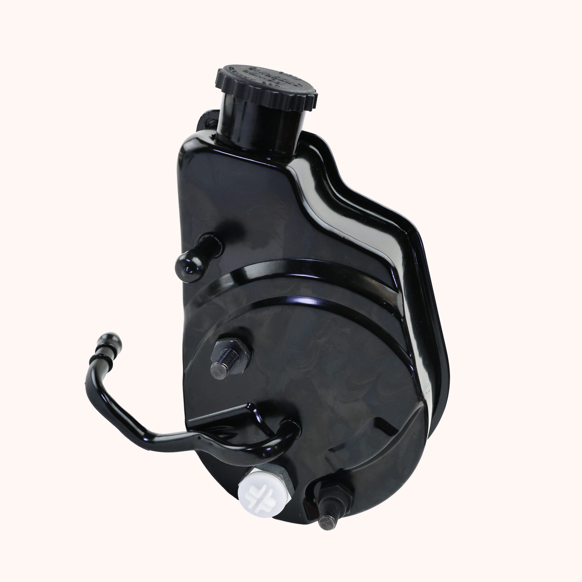 A black metal automotive brake master cylinder with a black plastic reservoir and a black handbrake lever, shown on a solid off-white background.
