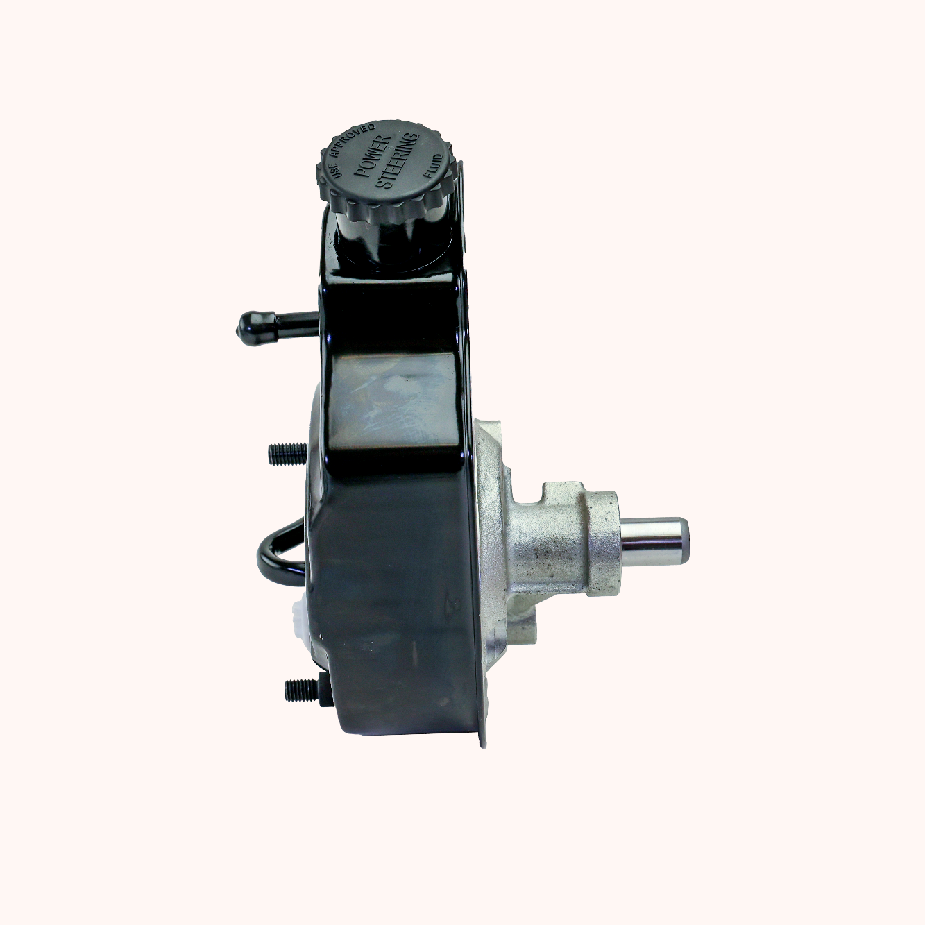 A small mechanical component, likely an electric motor or pump, featuring a black plastic housing, a silver metal shaft, and a black threaded cap, shown against a plain off-white background.