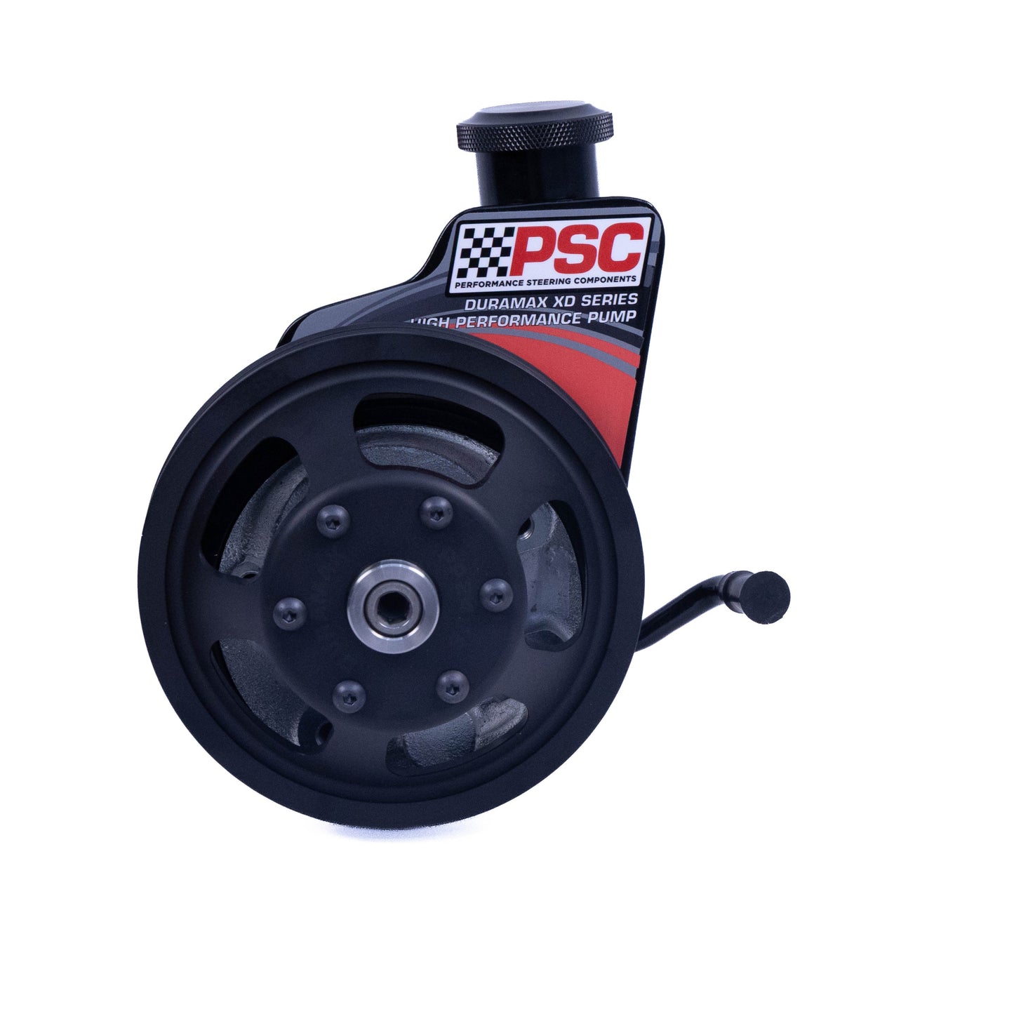 A PSC Duramax 10 Series high-performance pump, featuring a black metal pulley, black housing, and a red and white PSC logo decal, shown on a solid white background.