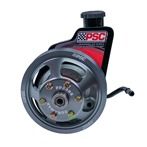 A black PSC pump with a dark grey pulley on the front, with a red, black and grey branded sticker on the pump. 