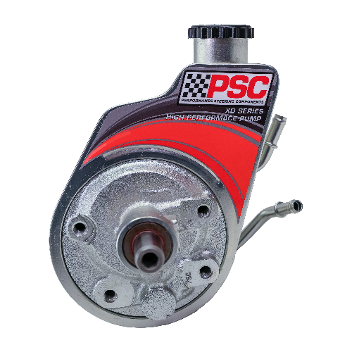 Front view of a PSC silver high-performance steering pump with a red, black and grey branded sticker on a white background.