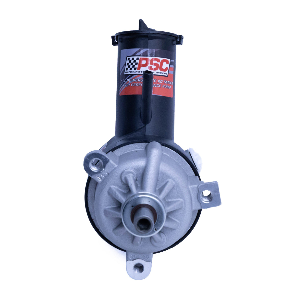 A PSC Power Steering Pump assembly with a black plastic cylinder and a silver metal hub, isolated on a white background.