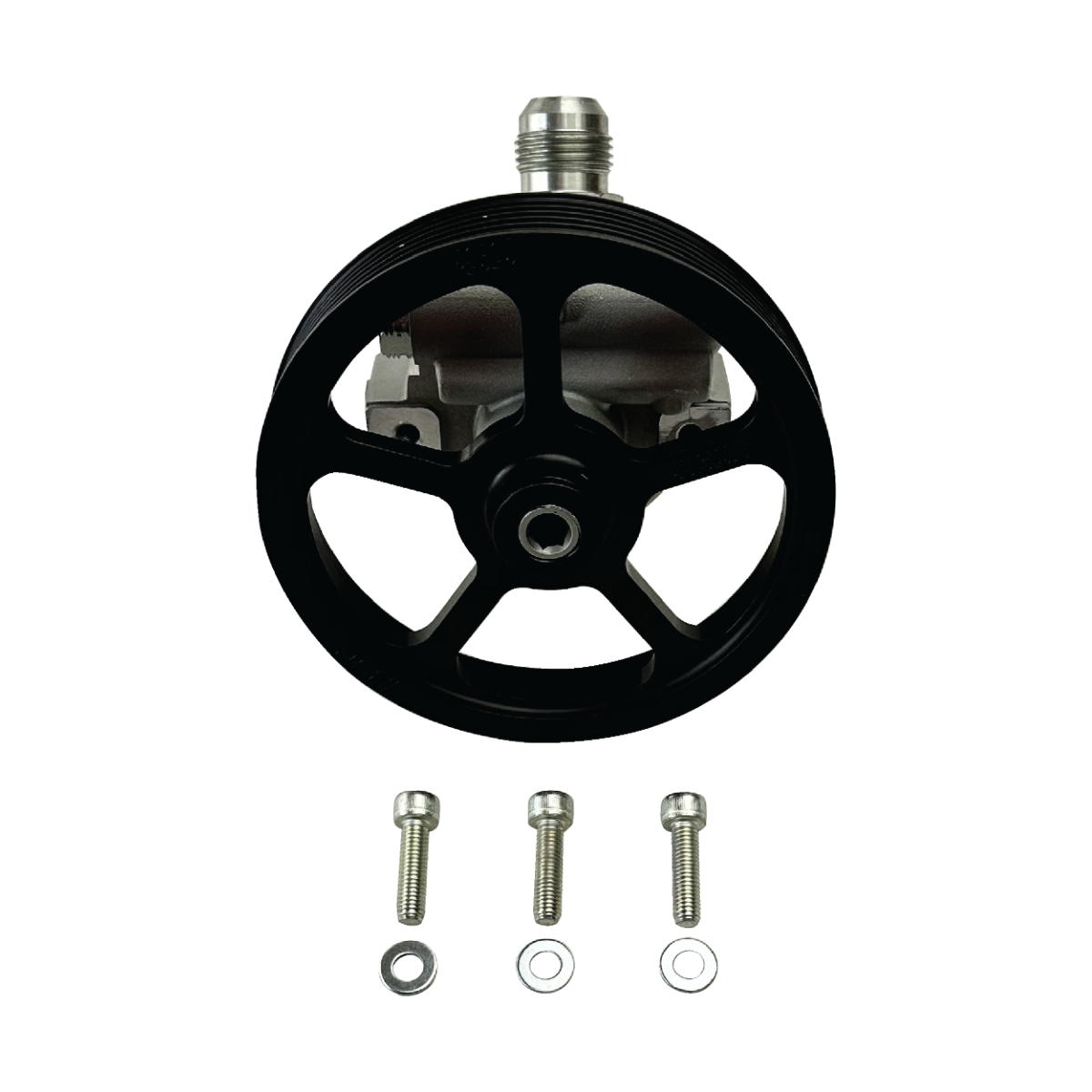 Black power steering pump with attached pulley and three silver mounting bolts with washers displayed below, shown on a white background.
