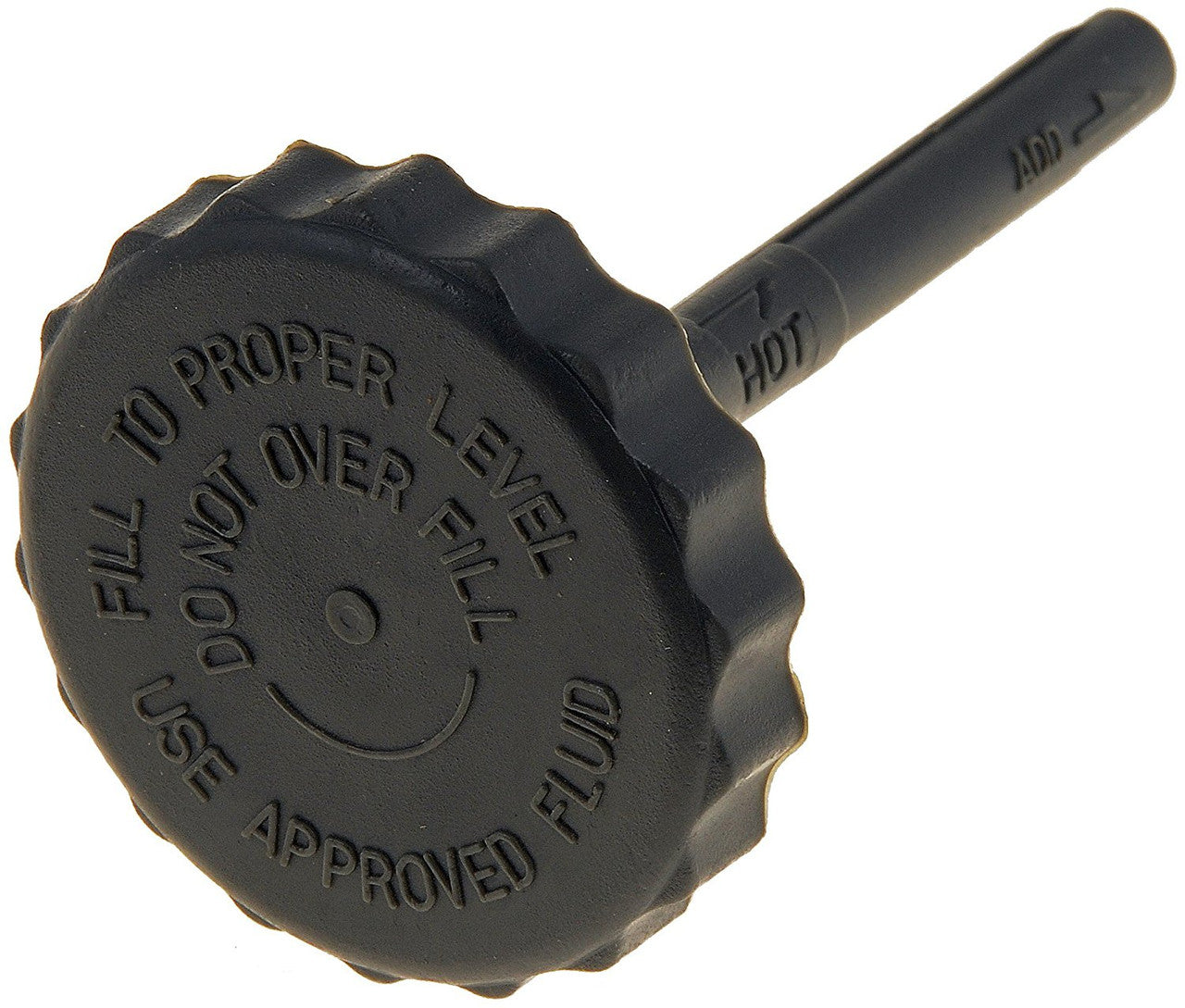 Black fluid cap with text instructions on a white background