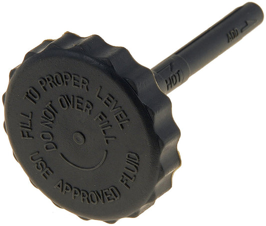 Black fluid cap with text instructions on a white background