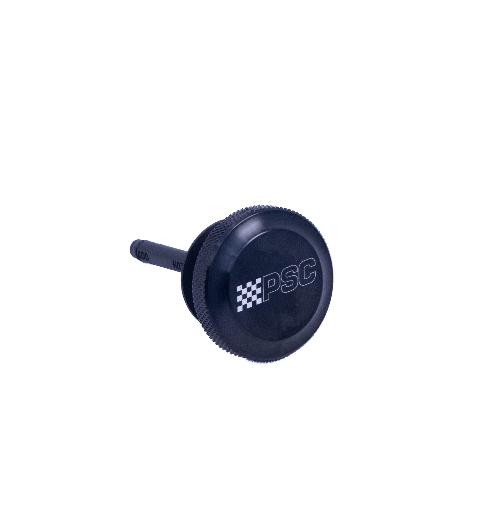 A black fluid reservoir cap with a threaded stem, featuring the white 'PSC' logo and a checkered flag graphic on the top surface.