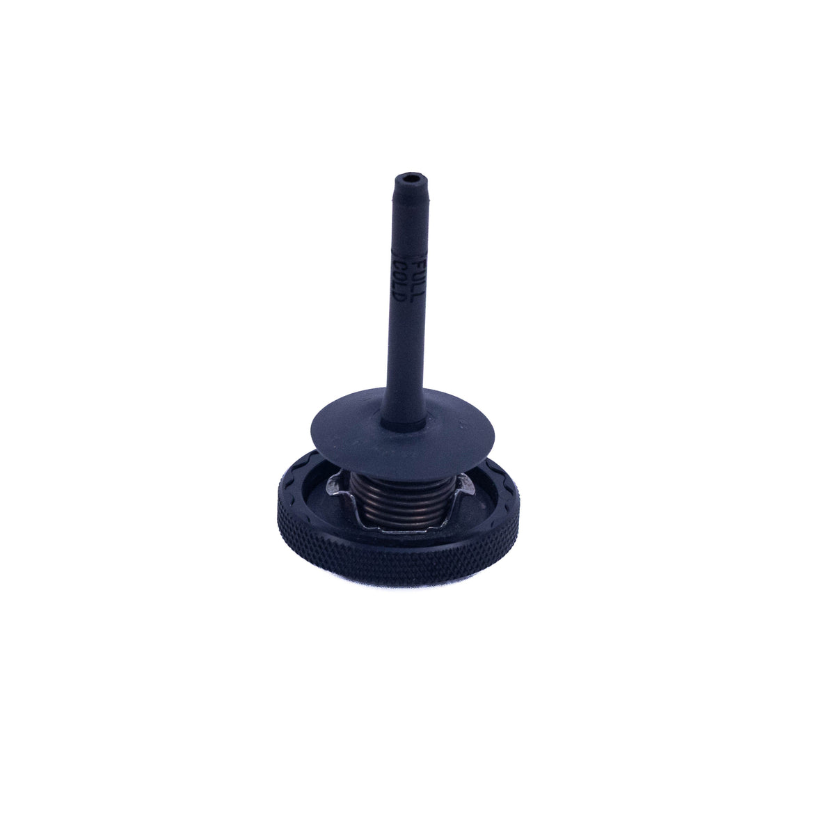 A small black plastic cap or fitting with a threaded base, a spring, and a vertical stem, shown on a plain white background.