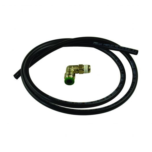 Black hose with a brass fitting on a white background