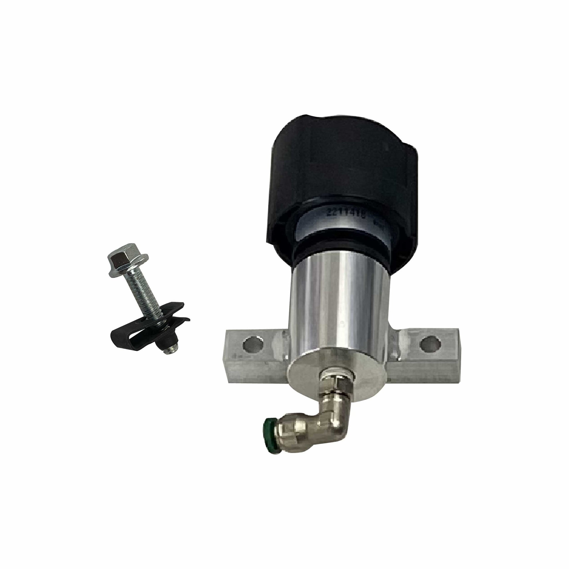 Mechanical component with black and silver design on a white background