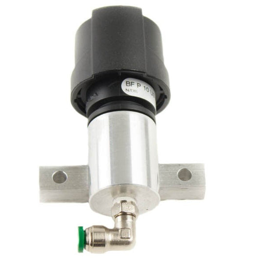 Mechanical valve or actuator with black top and silver body on a white background