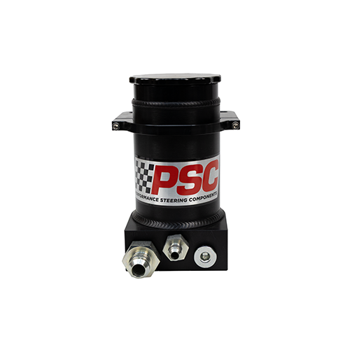 Black anodized steering remote reservoir with clamp and fittings installed on a white background. 