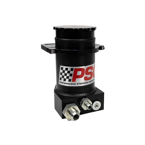 Right Angle black anodized remote reservior for steering system with fittings and clamp installed. 