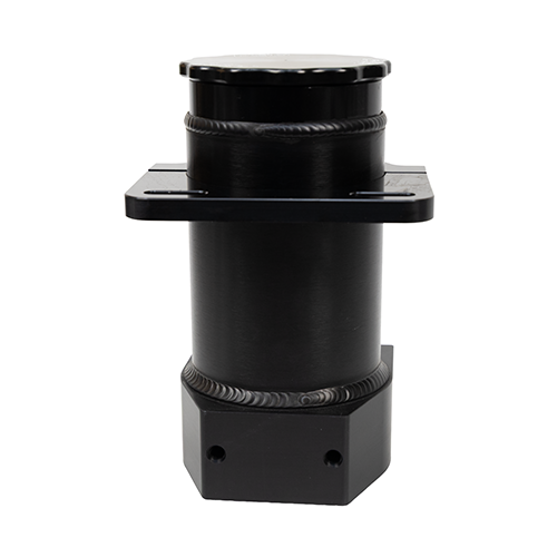 Back view of a black anodized remote steering reservoir and black anodized mounting clamp on a white background.