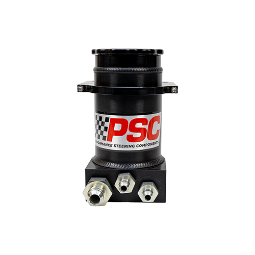 Picture of hydroboost black anodized remote steering reservoir with PSC logo, black anodized mounting clamp and fittings installed on a white background.