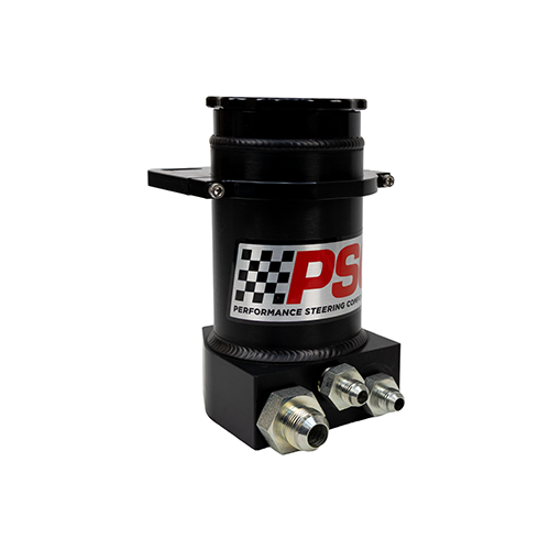 Left side angle view of a black anodized remote steering reservoir with PSC logo, black anodized mounting clamp and fittings installed on a white background.