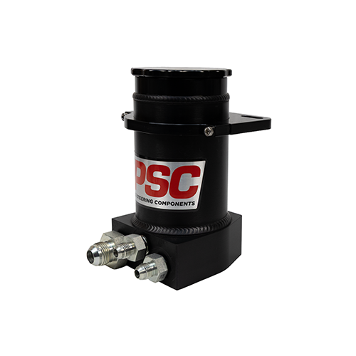 Right side angle view of a black anodized remote steering reservoir with PSC logo, black anodized mounting clamp and fittings installed on a white background.
